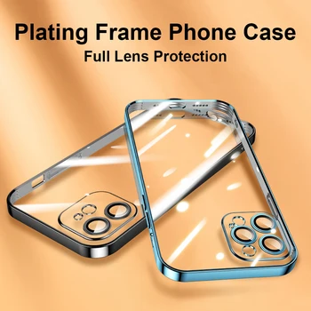 Галваничен калъф за телефон за iPhone 13 12 Mini 11 Pro Max калъф със защита на обектива на камерата Soft TPU Clear Back Cover