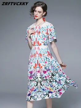 Реколта писта флорални птици печат Midi рокли 2022 летни жени елегантен O-образно деколте къс ръкав Boho случайни плаж рокля Vestidos
