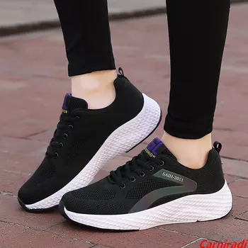 Летящи тъкани дишащи ежедневни обувки за бягане жени есен лак-нагоре спорт леки маратонки дами окото кошници джогинг обувки