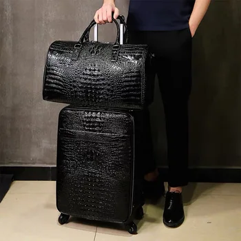 100% Real Кожен багаж за пътуване с чанта мъже глава телешка универсално колело крокодил модел куфар 20 инчов бординг случай