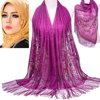 Нови жени флорални дантела шал шал пискюли парти сватба дантела воал Индия арабски мюсюлмански ресни обвива хиджаби шалове забрадка