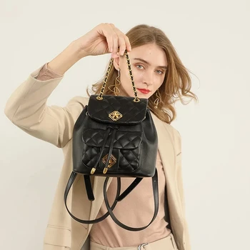Дамска малка раница нови дамски чанти истинска кожа ромб раница нова мода висококачествена училищна чанта Есен и зима