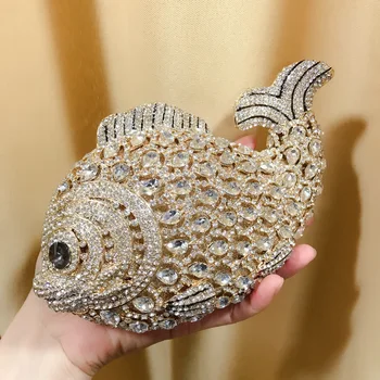 XIYUAN Злато ослепителен риба форма кристал диамант жени вечер съединител чанта булчински сватбен подарък прекрасна вечеря парти чанта чанта