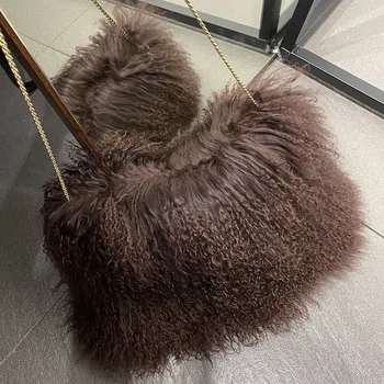 YOLOAgain 2023 Реална Монголия овце кожа рамо чанта жени верига Flurry недвижими кожа чанта женски
