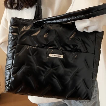Женски черен голям пазарска чанта зимни жени перлен плат дебела ниша чанта дами подмишница естетически купувач рамо чанти