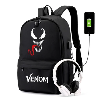 Аниме Venom USB светеща раница чанта w / USB порт / заключване / слушалки пътуване училище студенти книга чанта