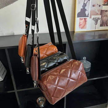 Дамска композитна чанта за рамо с малка чанта PU възглавница Crossbody чанта Диамантена решетка с голям капацитет, преносима за пазаруване