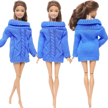 1 бр. Висококачествен син плетен пуловер Мека топла рокля с топли върхове Зимни ежедневни дрехи за кукла Барби 30 см аксесоари Детска играчка