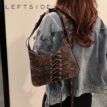 LEFTSIDE Tie Design Retro PU кожени чанти за жени 2023 Зимен луксозен дизайнер Корейски модни чанти за рамо чанти