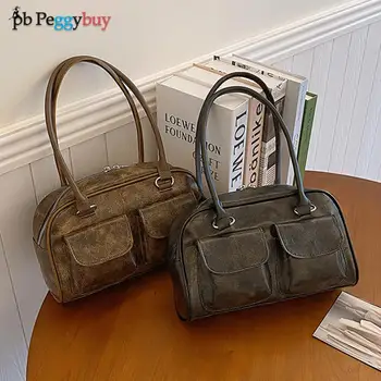 Дамски малък случаен чанта двоен джоб PU единична чанта за рамо плътен цвят стилен чанти за подмишници голям капацитет ретро чанта