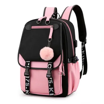 Големи училищни чанти за тийнейджърки USB порт платно ученическа чанта студентска книга чанта мода черен розов тийнейджър училищна раница