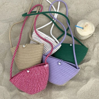 Модна тъкана чанта за рамо Летни сламени чанти 2022 Младежки момичета Сладка чанта дамска чанта Ежедневни плътен цвят Hasp плаж кофа чанта
