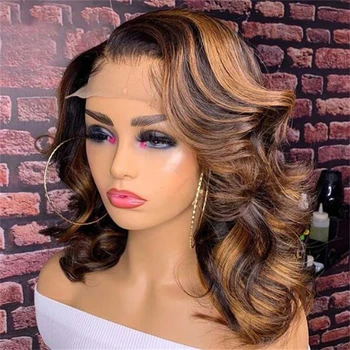 Soft Bob 16inch Ombre Blond Natural Wave European Jewish HumanHair Glueless Preplucked Hd 13x4 Lace Front Wig For Black Women