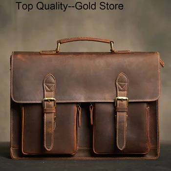 Истински Leathe реколта човек чанта куфарче мъже рамо чанта Preppy стил чанта бизнес мода 15.6 инчов лаптоп
