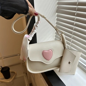 Pu кожа Дамска чанта за подмишници с чанта Сладка любов дами малки чанти за рамо Розово сърце женски съединител чанти Crossbody чанта